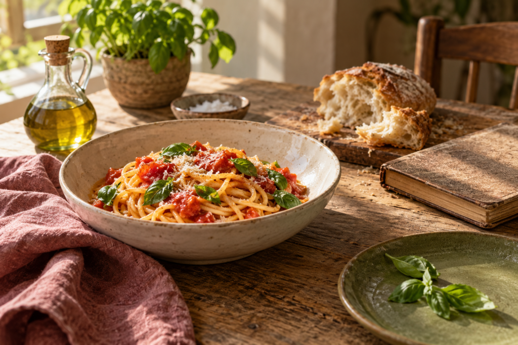 AI-genereret stemningsillustration: pasta, brød og en opskriftsbog på køkkenbordet.